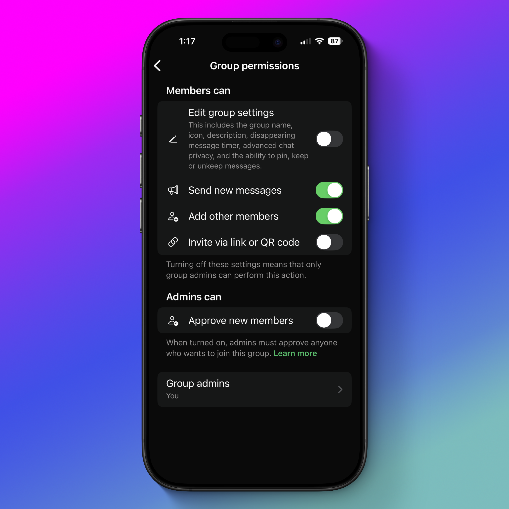 whatsapp group permissions screen